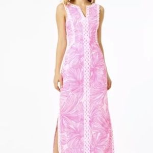 Lilly Pulitzer Daise Pink & White Stretch Maxi Dress with side slits and white t